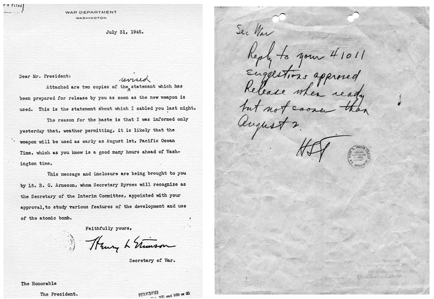 31 July 1945 Memo to Truman from Stimson